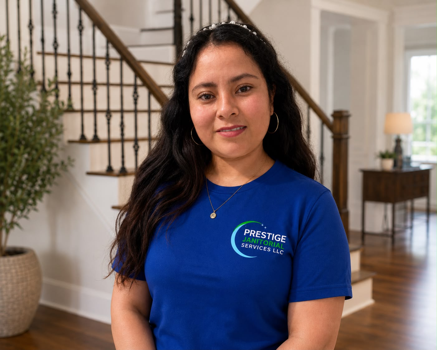 Prestige Janitorial cleaning professional preparing supplies for a residential clean