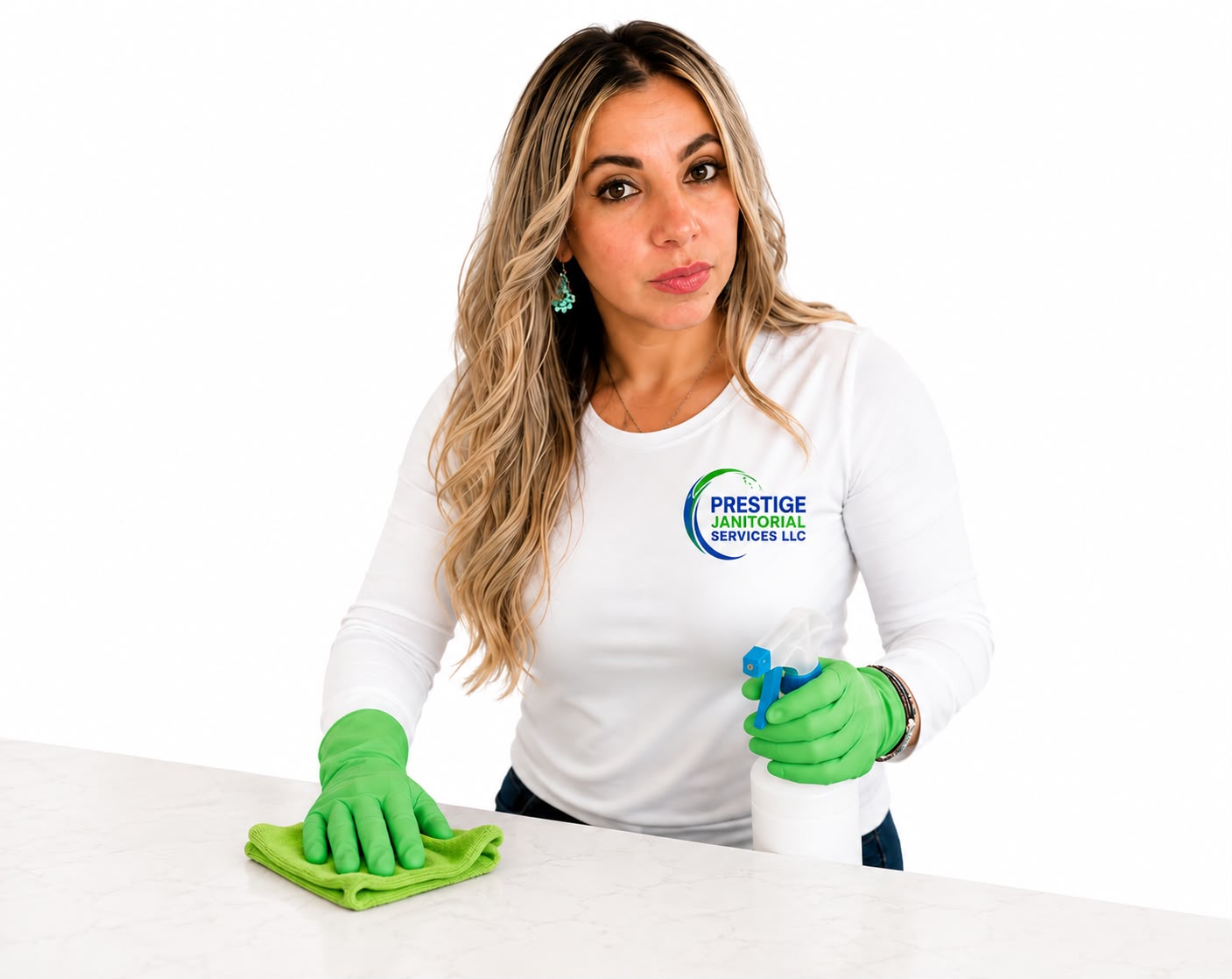 Owner of Prestige Janitorial Services cleaning a kitchen counter in a Charleston home