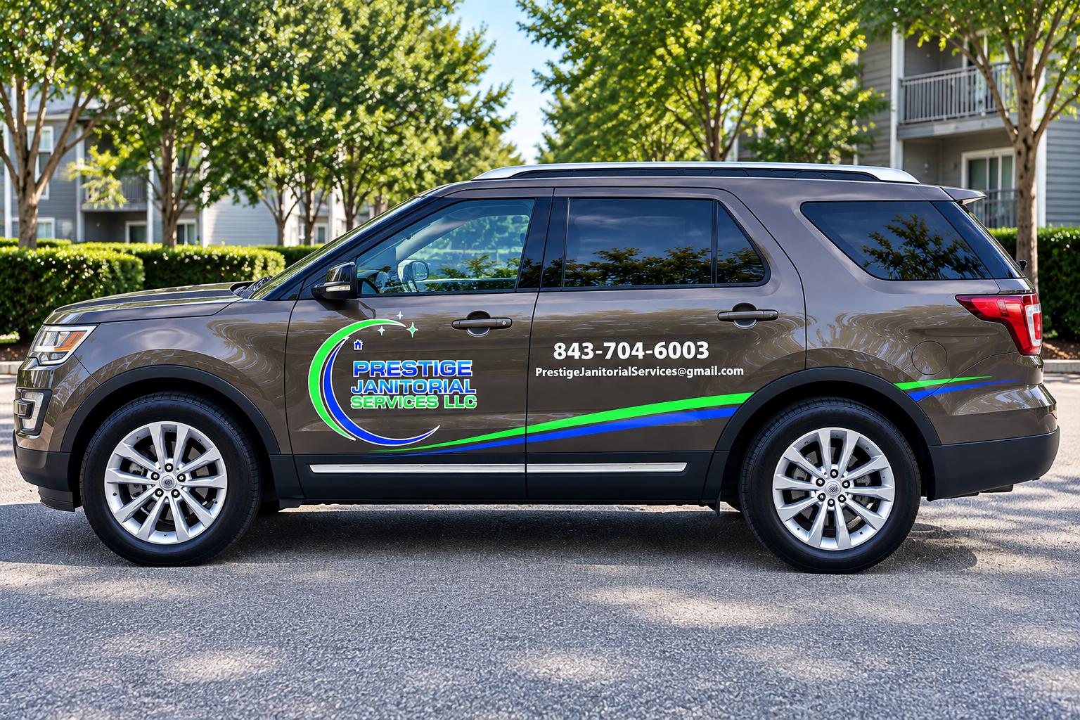 Prestige Janitorial Services branded SUV parked in Charleston