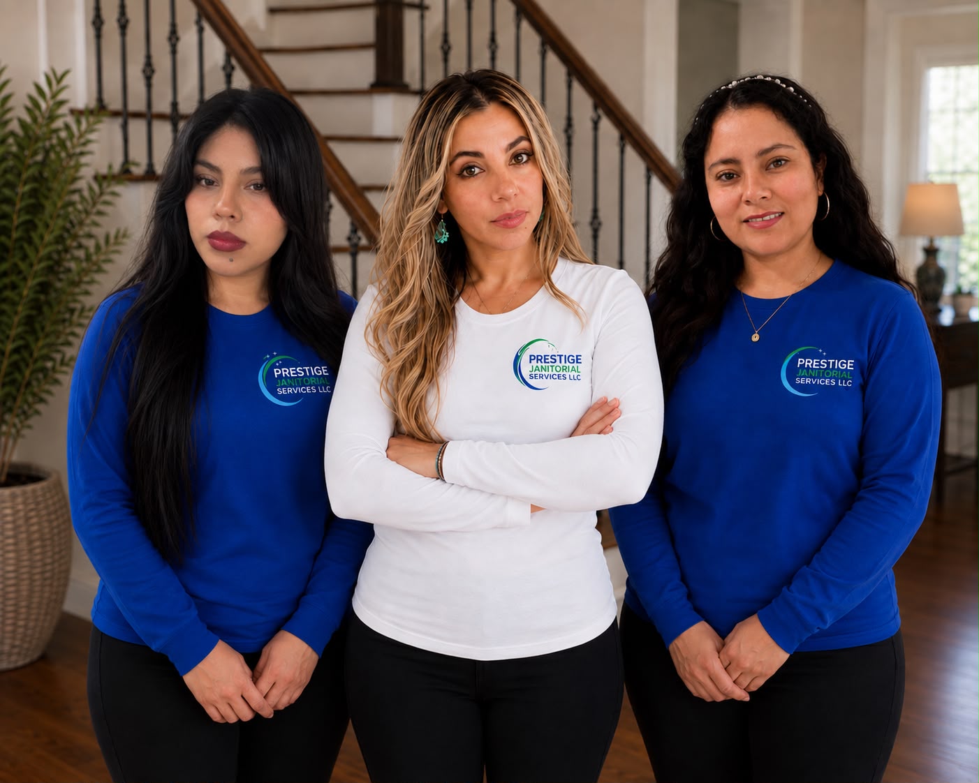 The Prestige Janitorial team standing together in company shirts