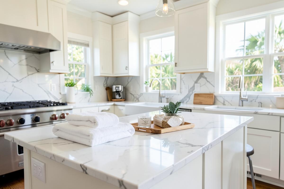 Sparkling coastal kitchen prepared for Airbnb guests