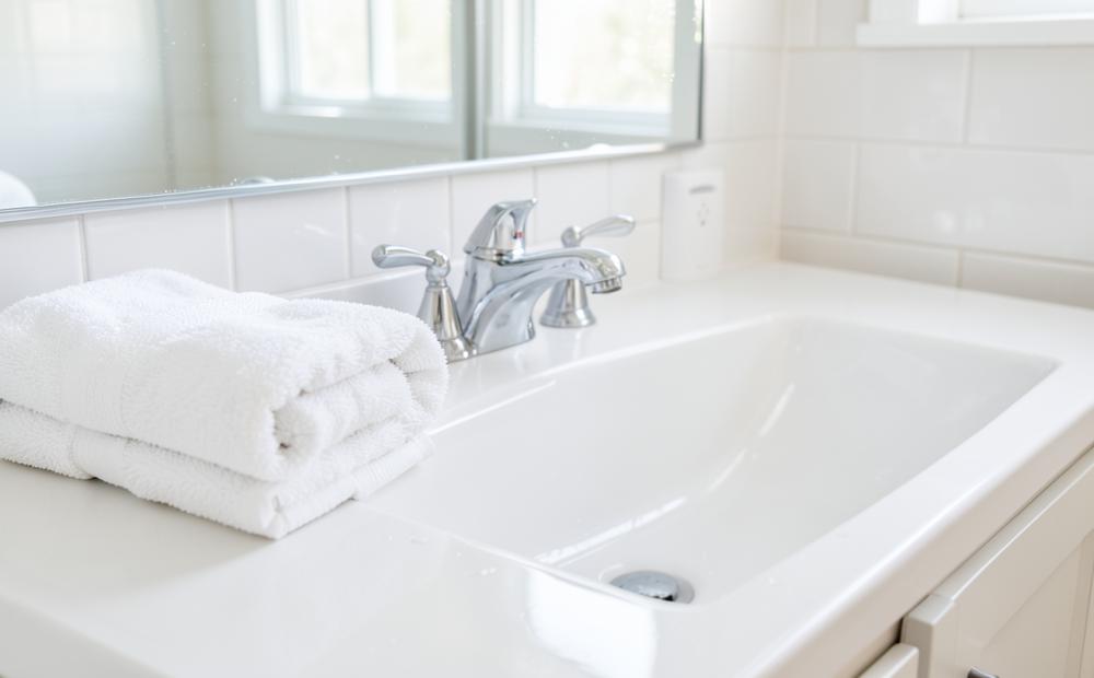 Freshly cleaned bathroom vanity with folded towels