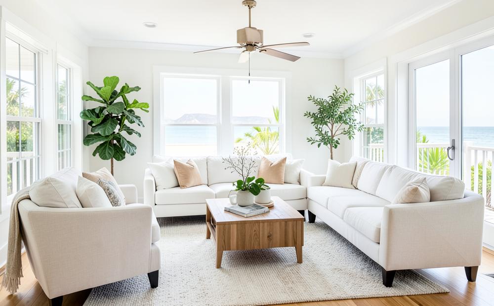 Bright, freshly cleaned coastal living room